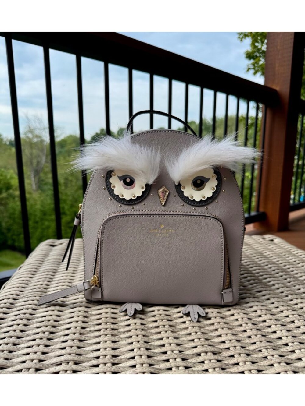 Kate Spade Owl Tomi Cityscape Gray Leather Backpack Bag Purse
